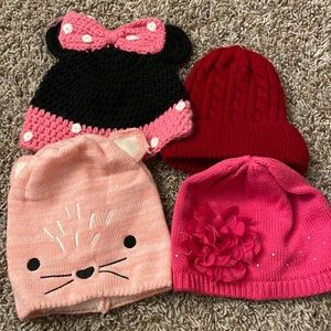 Girls winter hat bundle, minnie mouse, pink flower, cat and red